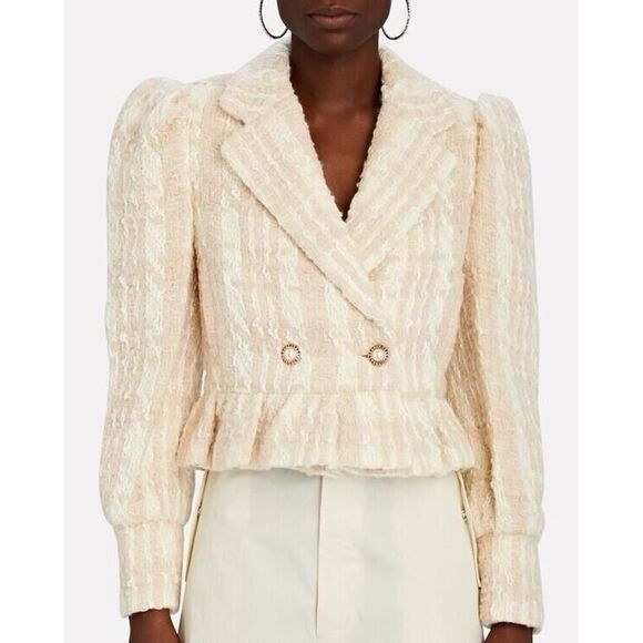 LOVESHACKFANCY Braelynn Houndstooth Bouclé-Tweed Wool Jacket Cream XS - Picture 1 of 13